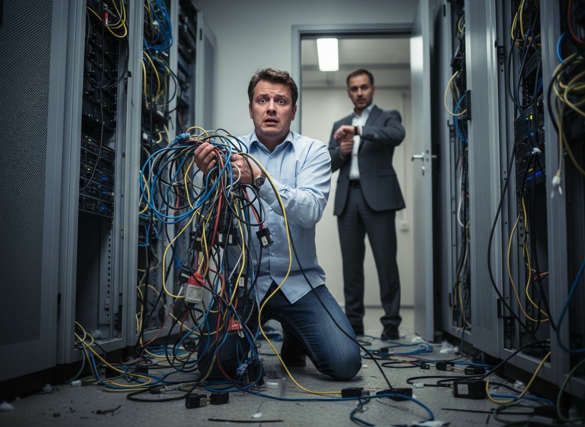 Überforderter Mitarbeiter inmitten eines massiven IT-Kabelchaos im Serverraum, symbolisch für fehlende Gesamtverantwortung und unstrukturierte Dienstleister-Zuständigkeiten im Mittelstand.