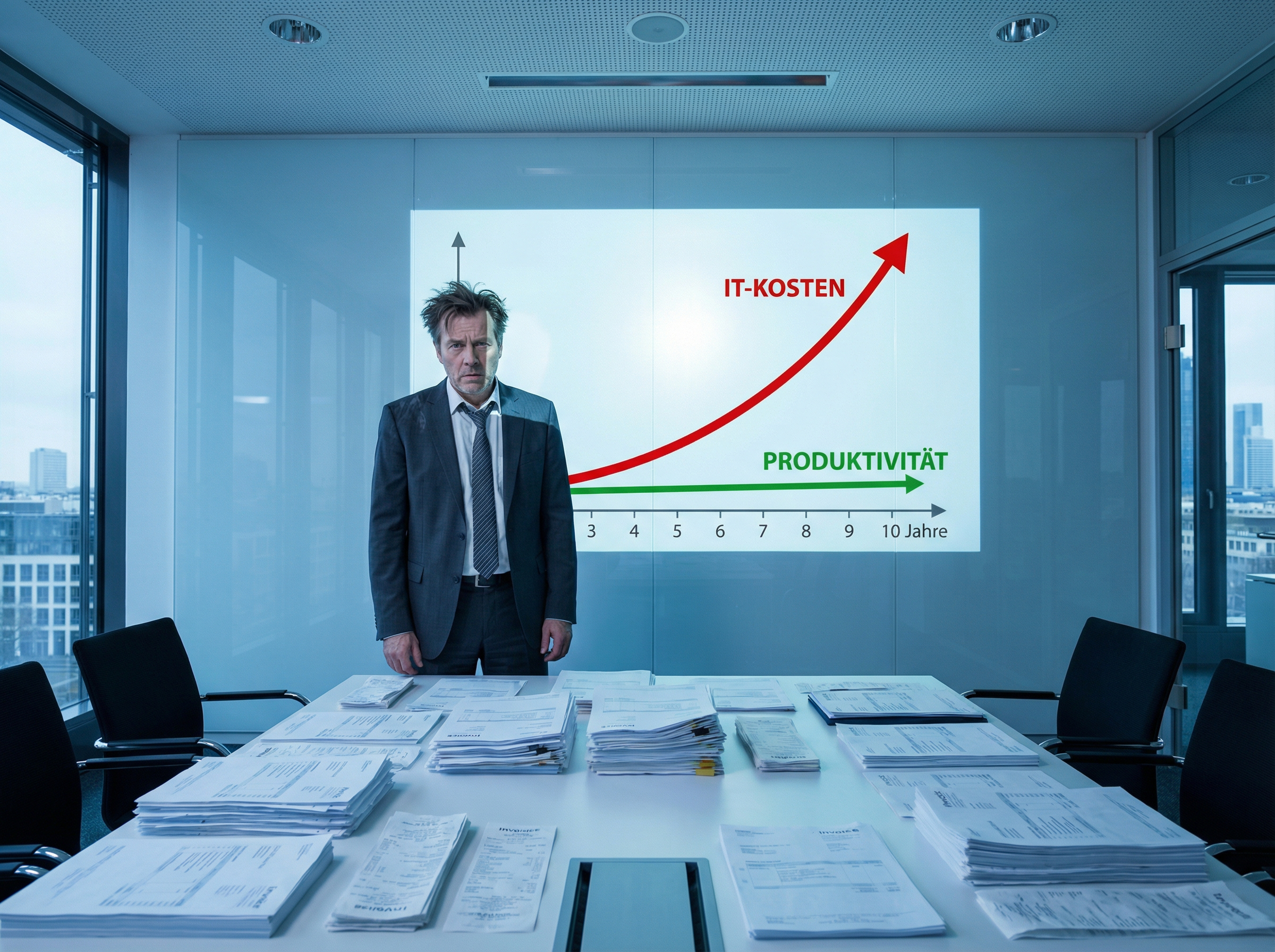 Frustrierter Geschäftsführer betrachtet ein Diagramm mit explodierenden IT-Kosten bei stagnierender Produktivität, symbolisch für fehlende Kostentransparenz und planlose Budgetierung.