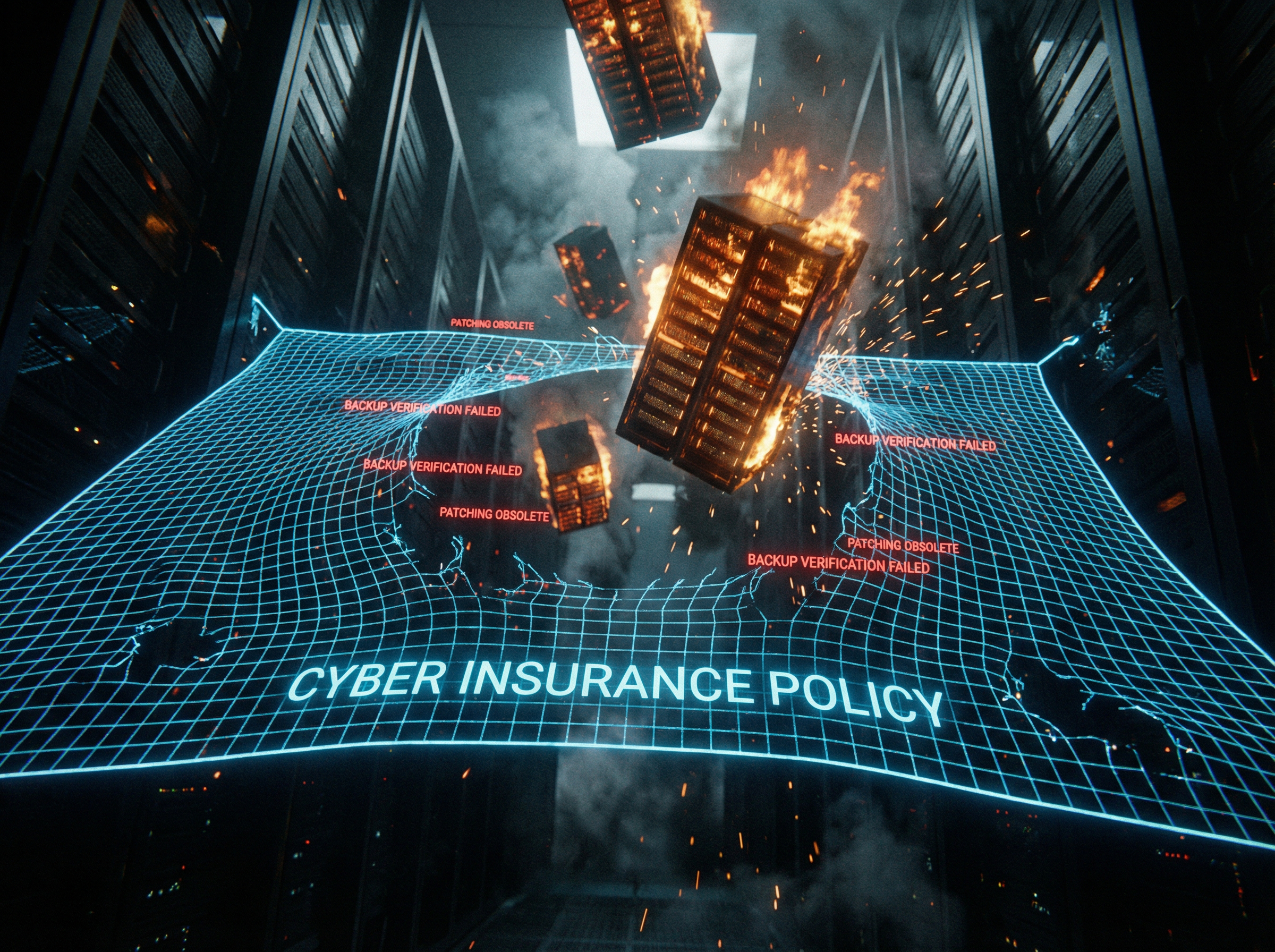Ein digitales Sicherheitsnetz mit der Aufschrift "CYBER INSURANCE" reißt unter der Last fallender Datenblöcke, weil notwendige Backups und Patches fehlen. Symbolbild für den Verlust des Versicherungsschutzes durch Obliegenheitsverletzungen.